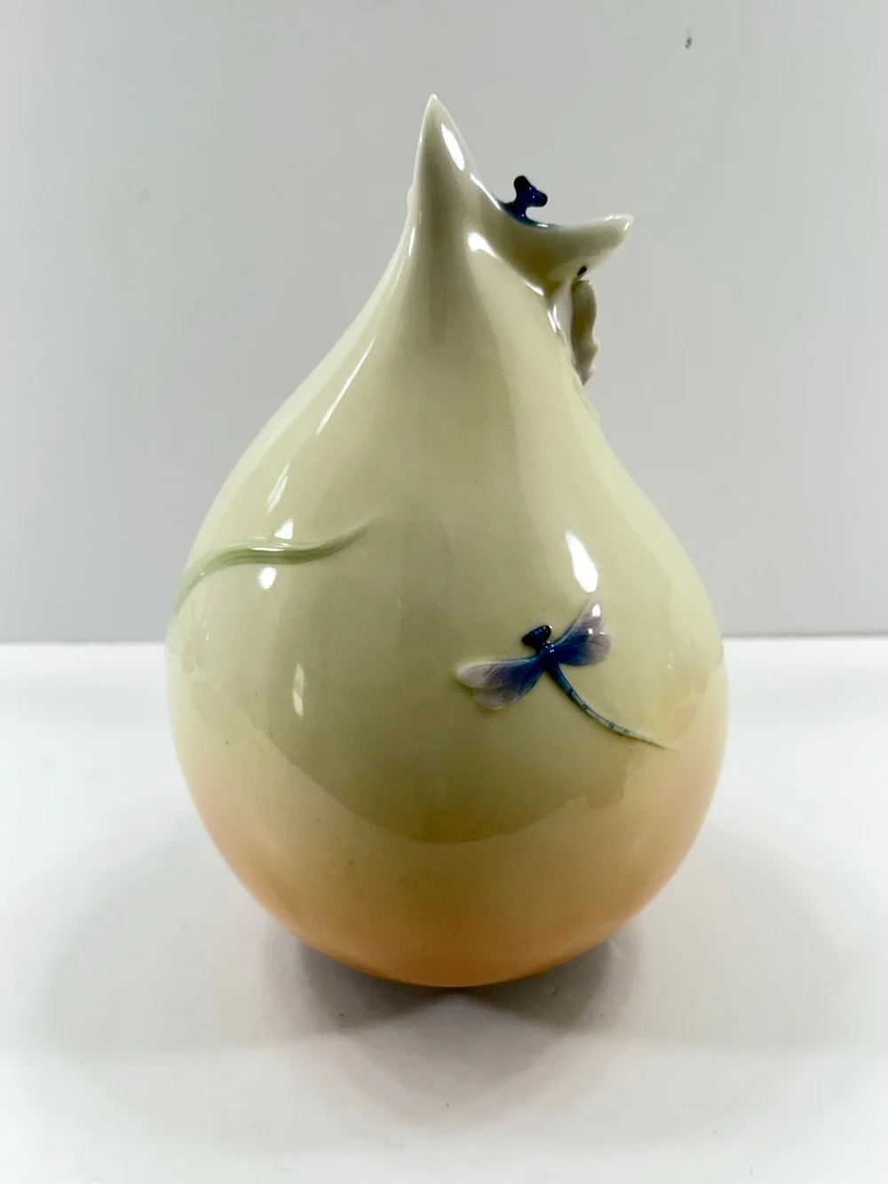 Franz Dragonfly Floral Hand Painted 3D Vase Porcelain Artist Signed 10” Vintage